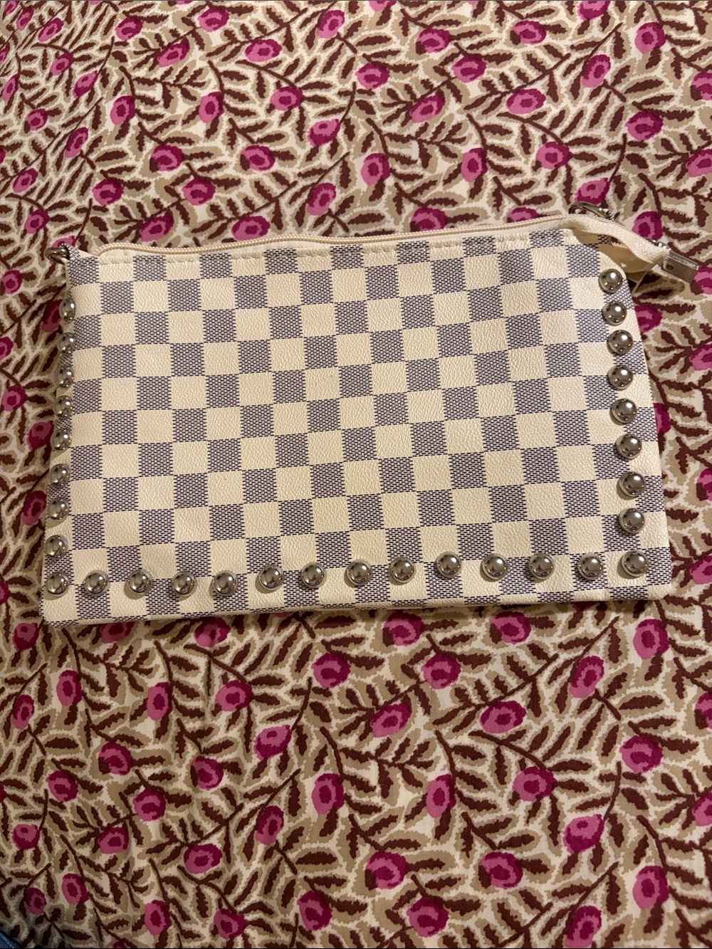 Ivory and Gray Checkered Wristlet with Stud Accents
